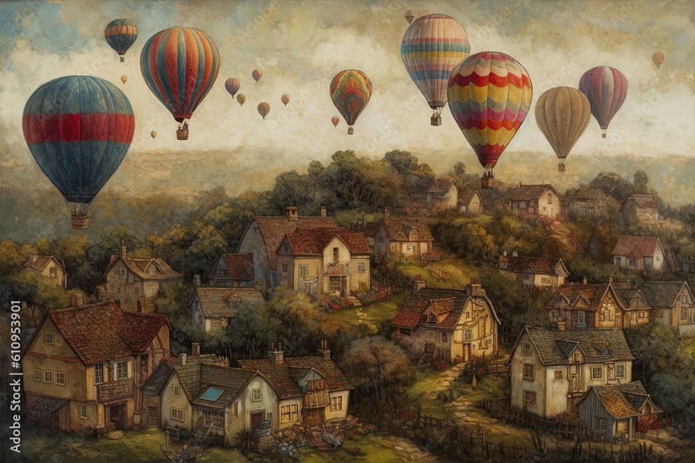 Fototapeta premium Large balloons fly over a rural town. Hand-drawn watercolor Generative AI illustration. Postcard design, posters.