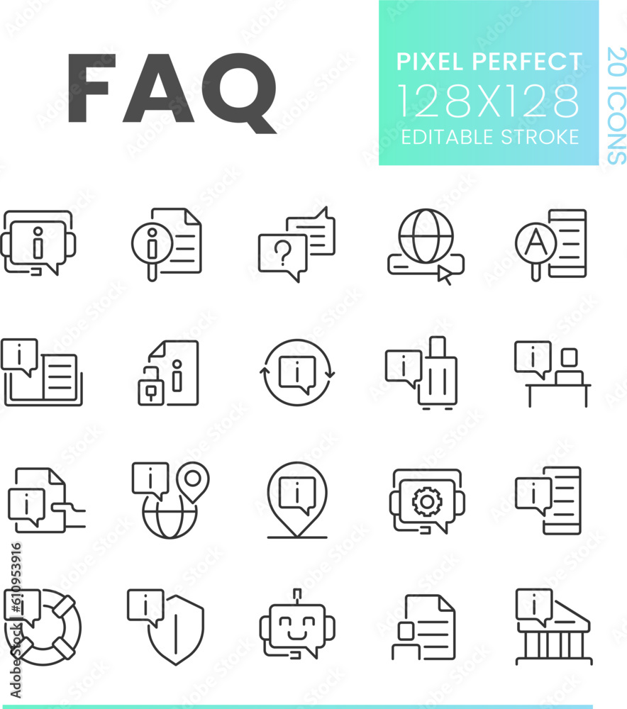 FAQ pixel perfect linear icons set. List of answers and questions. Information base. Customizable thin line symbols. Isolated vector outline illustrations. Editable stroke. Poppins font used