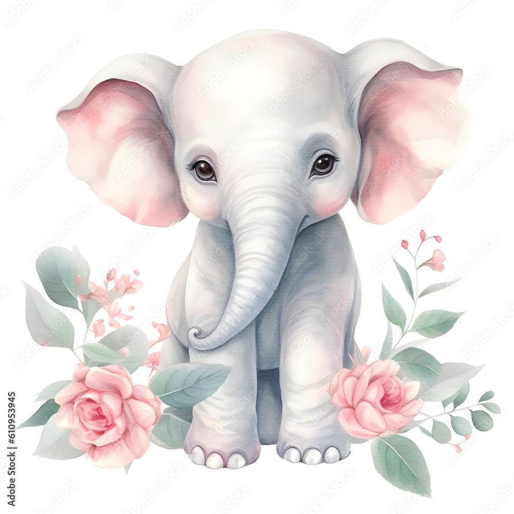 Elephant watercolor clipart, isolated, transparent background, created with Generative AI technology