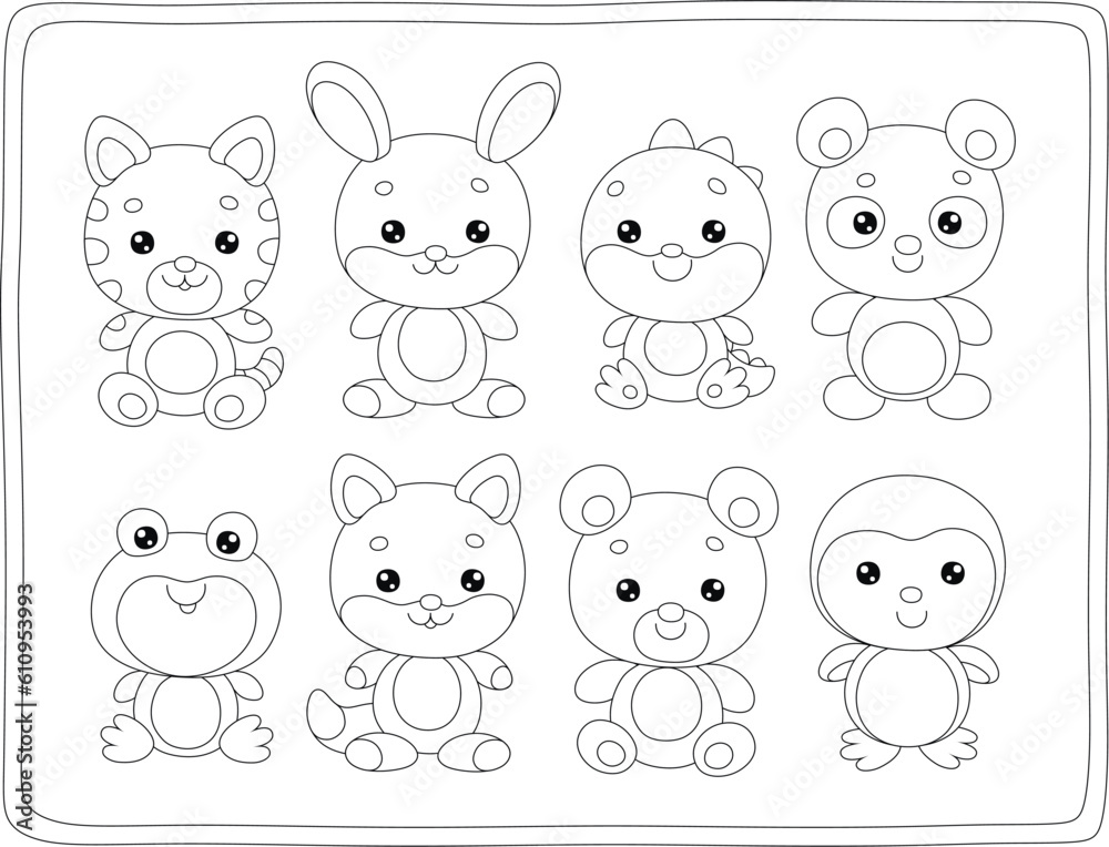 Toy baby animal characters with a cute little cat, bunny, dragon, panda, frog, fox, bear and penguin, set of black and white outline vector cartoon illustrations