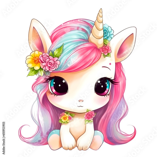 Unicorn watercolor clipart, isolated, transparent background, created with Generative AI technology
