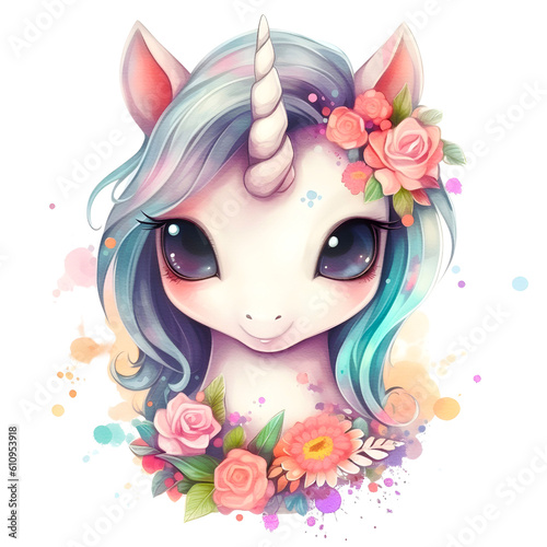 Unicorn watercolor clipart, isolated, transparent background, created with Generative AI technology