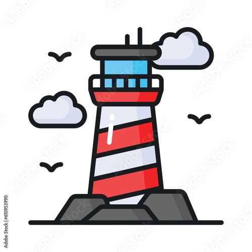 A tower containing a beacon light to warn or guide ships at sea, well designed icon of lighthouse