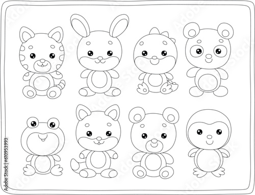 Fototapeta Naklejka Na Ścianę i Meble -  Toy baby animal characters with a cute little cat, bunny, dragon, panda, frog, fox, bear and penguin, set of black and white outline vector cartoon illustrations