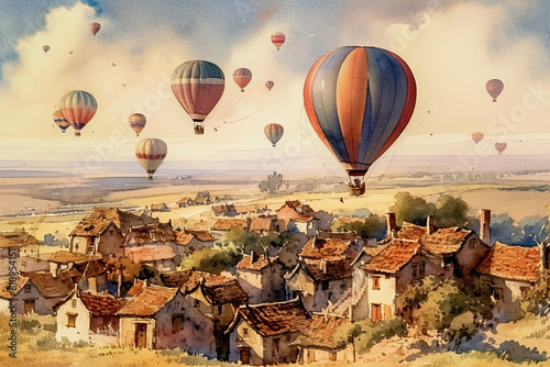 Large balloons fly over a rural town. Hand-drawn watercolor Generative AI illustration.