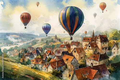 Big airballoons flying over a rural town. Watercolor Generative AI illustration.