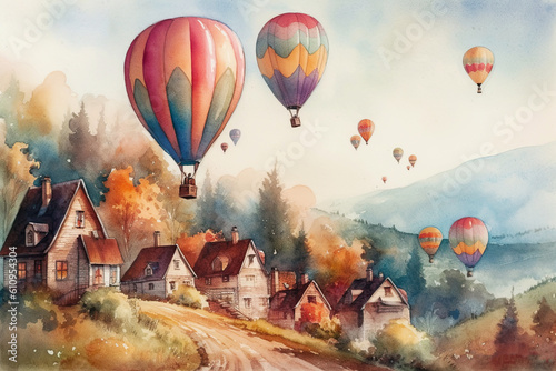 Big airballoons flying over a rural town. Watercolor Generative AI illustration.