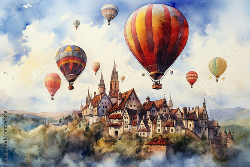 Large balloons fly over a rural town. Watercolor Generative AI illustration.