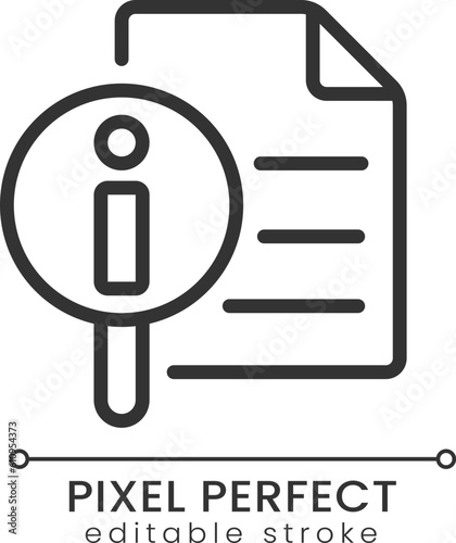 Get more information pixel perfect linear icon. List of answers on common questions. Search data. Thin line illustration. Contour symbol. Vector outline drawing. Editable stroke. Poppins font used