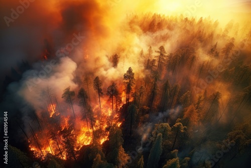 Flames devouring forest in a raging, destructive wildfire
