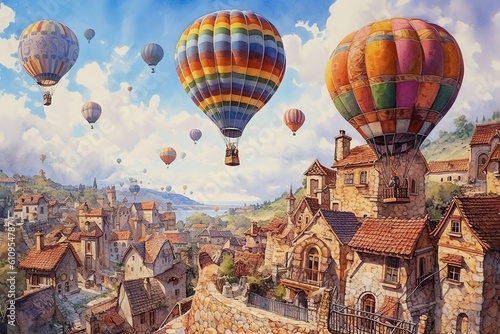 Large balloons fly over a rural town. Watercolor Generative AI illustration.