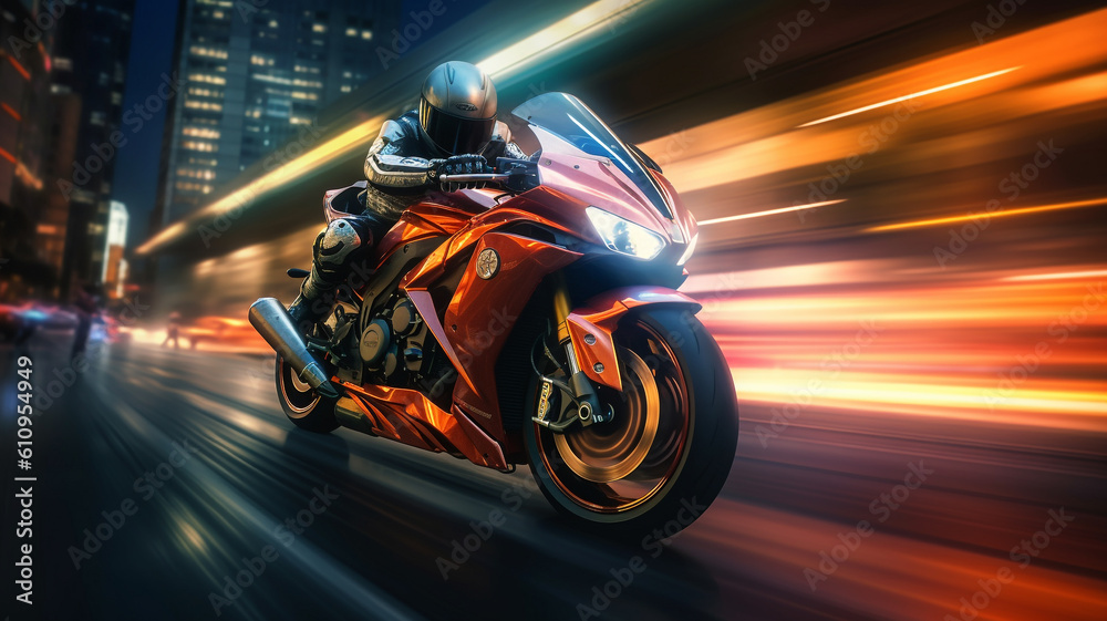 EBR racing motorcycle with abstract long exposure dynamic speed light trails in an urban environment city, Generative AI