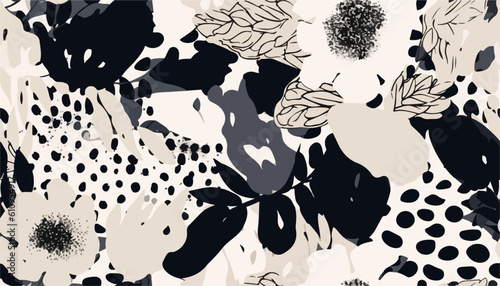 Bright hand drawn flowers and leopard skin print. Modern abstract pattern. Fashionable template for design.