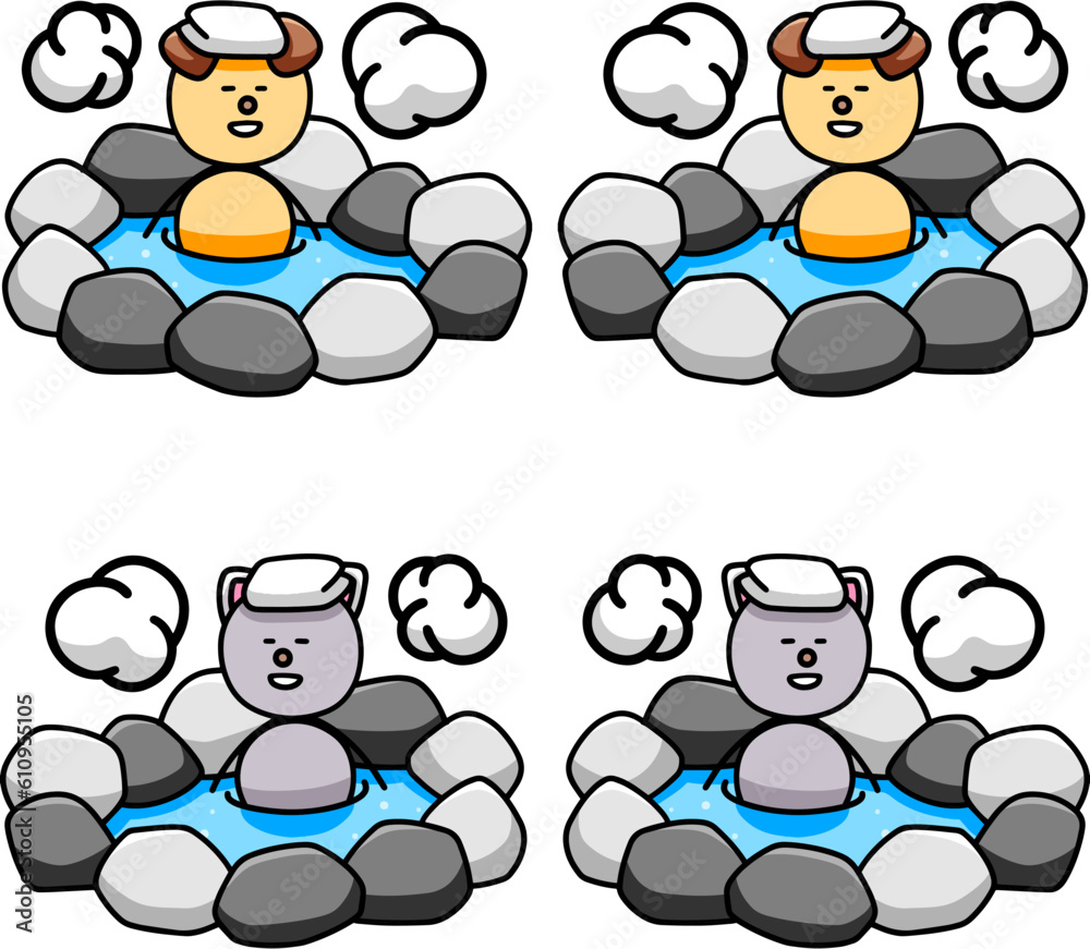 温泉であったまるわんまるとにゃんまるのイラストセット　犬　猫