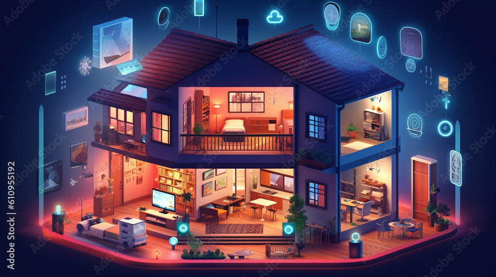 An illustration of a smart home with interconnected devices, showcasing the convenience and automation brought by the Internet of Things (IoT) Generative AI An illustration of a smart home with interconnected devices, showcasing the convenience and automation brought by the Internet of Things (IoT) Generative AI