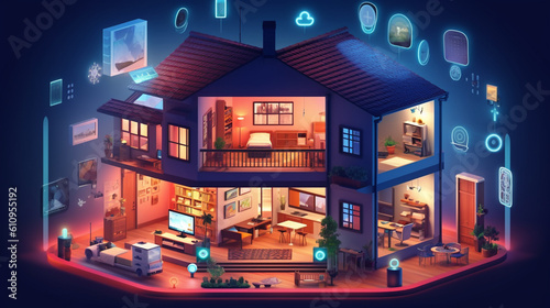 An illustration of a smart home with interconnected devices  showcasing the convenience and automation brought by the Internet of Things  IoT  Generative AI