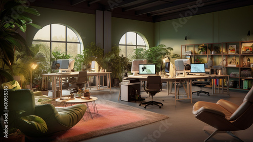 A studio with versatile workspaces and adjustable furniture  allowing IT specialists to customize their environment for maximum comfort and productivity Generative AI