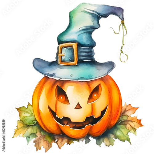 Halloween pumpkin watercolor clipart, isolated, transparent background, created with Generative AI technology © Andrea