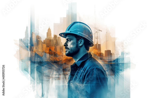 Civil engineer, architect or construction worker multi-exposure. Generative AI illustration. Engineering project for the construction of the future building photo