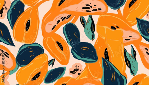 Bright abstract papaya print. Modern hand drawn seamless pattern. Fashionable template for design