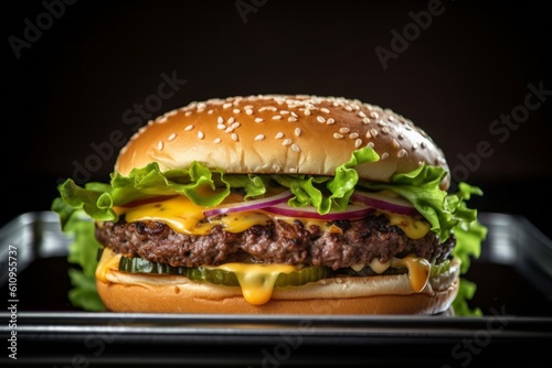 Macro view photography of a tempting burguer on a metal tray against a white background. With generative AI technology