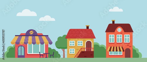 Cityscape. Urban landscape. Cute colorful design for kids. Town houses, shop, coffee shop, trees, green area. Flat style. Vector illustration
