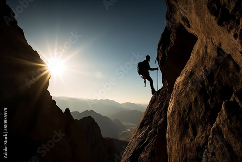 Silhouette of a hiker climbing triumphantly the mountain summit, embodying the exhilarating feeling of success and accomplishment. Active life, reach the top concept. Generative AI