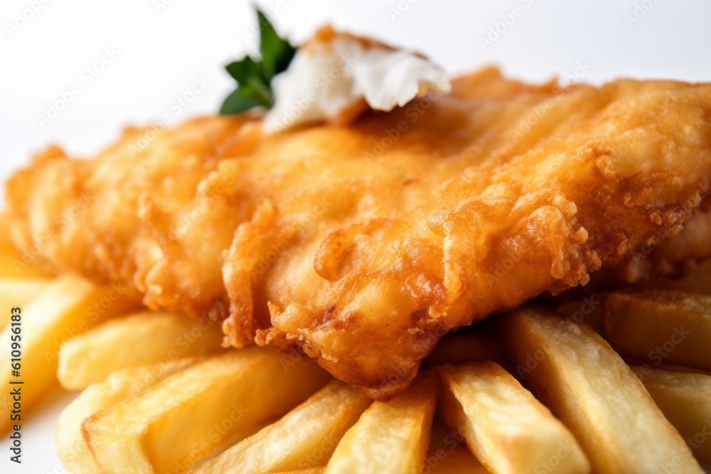 Macro detail close-up photography of a juicy fish and chips on a ceramic tile against a white background. With generative AI technology Macro detail close-up photography of a juicy fish and chips on a ceramic tile against a white background. With generative AI technology