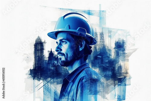 Civil engineer, architect or construction worker against the background of an engineering project for the construction of a future building Generative AI illustration.multi-exposure. photo