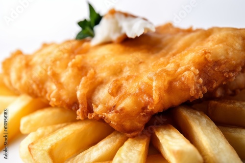 Macro detail close-up photography of a juicy fish and chips on a ceramic tile against a white background. With generative AI technology