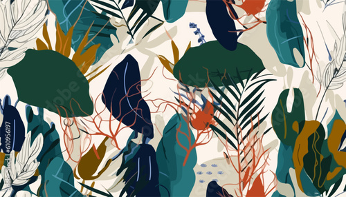 Bright modern plants collage artistic print. Trendy hand drawn contemporary seamless pattern