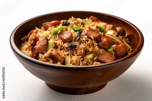 Highly detailed close-up photography of a tempting fried rice in a clay dish against a white background. With generative AI technology