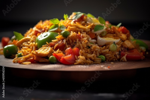 Detailed close-up photography of a tempting fried rice on a slate plate against a white background. With generative AI technology