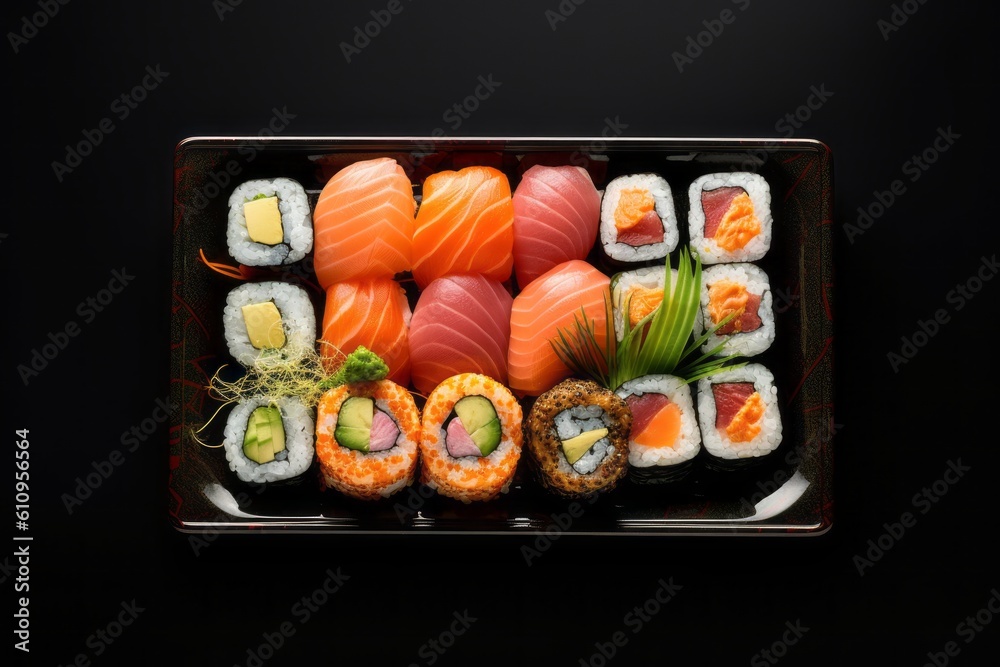 Detailed close-up photography of a tempting sushi on a plastic tray against a white background. With generative AI technology Detailed close-up photography of a tempting sushi on a plastic tray against a white background. With generative AI technology
