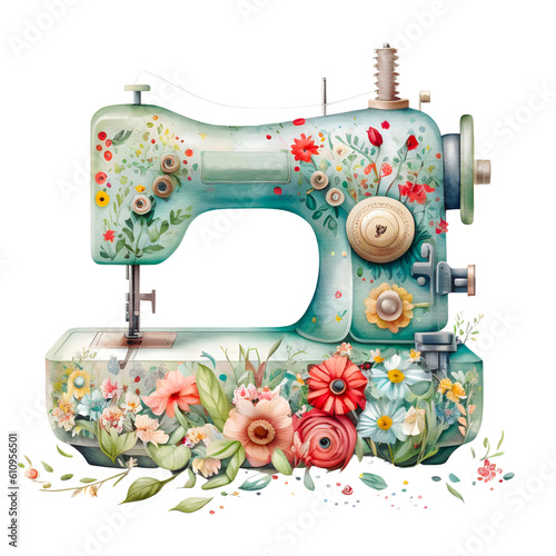 Sewing machine watercolor clipart, isolated, transparent background, created with Generative AI technology