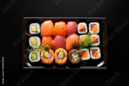 Detailed close-up photography of a tempting sushi on a plastic tray against a white background. With generative AI technology