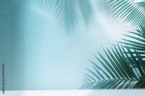 Blurred shadow from palm leaves on the light blue wall. Minimal abstract background for product presentation. Spring and summer  Generative AI