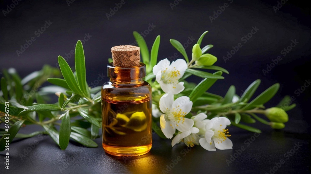 Tea tree essential oil in a small bottle with fresh flowers. Generative AI. Tea tree essential oil in a small bottle with fresh flowers. Generative AI.