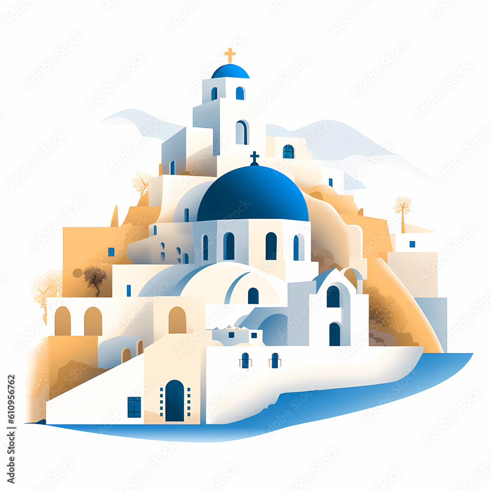 Illustration of a beautiful view of a greek village, Greece Illustration of a beautiful view of a greek village, Greece