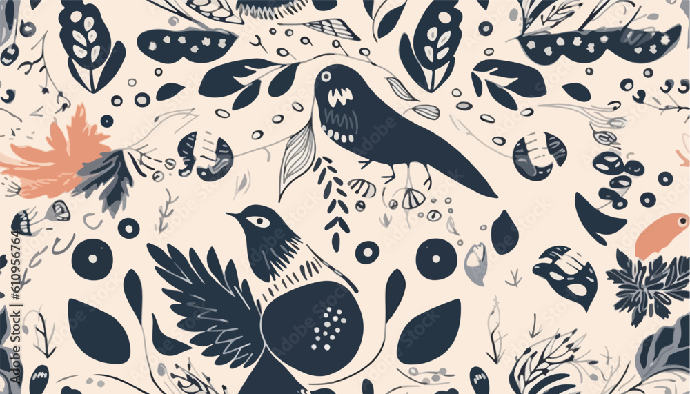 Hand drawn abstract birds and flowers pattern. Collage contemporary print. Fashionable template for design. Ethnic style Hand drawn abstract birds and flowers pattern. Collage contemporary print. Fashionable template for design. Ethnic style