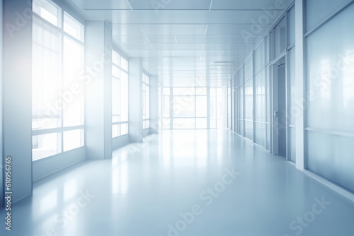 Light blurred background. The hall of an office or medical institution with panoramic windows and a perspective  Generative AI