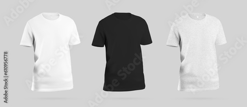White, black, heather t-shirt template 3D rendering, with shadows, isolated on background, front. Set