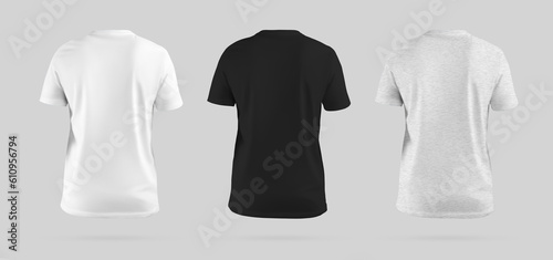 Blank white, black, heather t-shirt mockup, back view, 3D rendering, textured clothing, without body, for design, advertising. Set