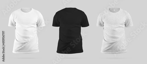 Template white, black, heather men's t-shirt 3D rendering, with wrinkles, isolated on background, front view. Set