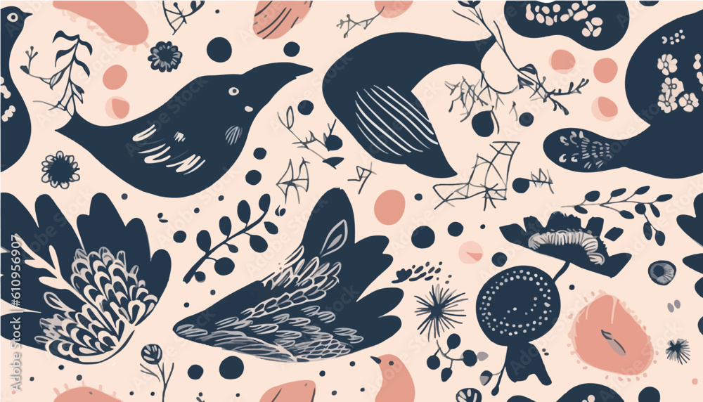 Hand drawn abstract birds and flowers pattern. Collage contemporary print. Fashionable template for design. Ethnic style Hand drawn abstract birds and flowers pattern. Collage contemporary print. Fashionable template for design. Ethnic style