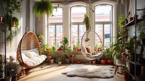 A room filled with lots of plants and a hanging chair. Generative AI. photo