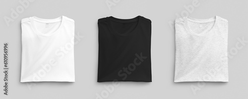 Mockup of a white, black, heather folded t-shirt, front view, men's clothing with label for brand, design. Set photo