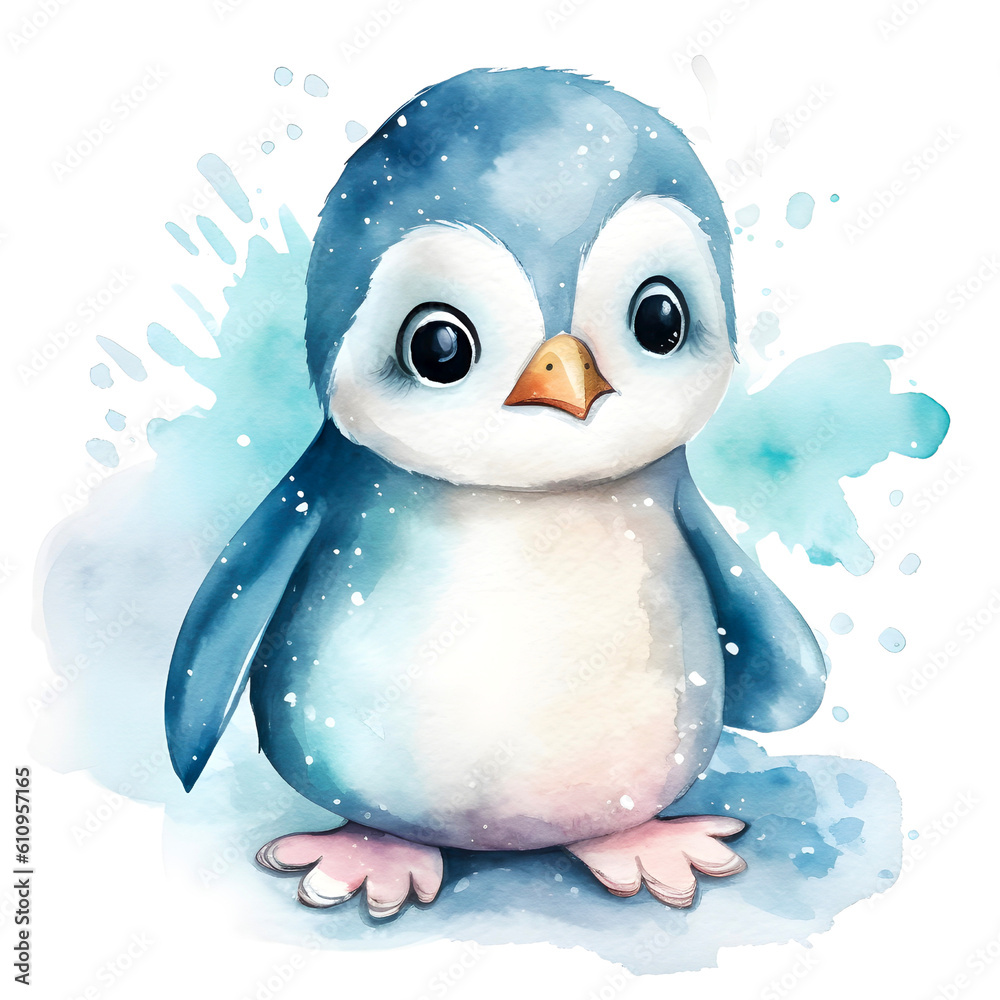 Cute baby penguin watercolor clipart, isolated, transparent background