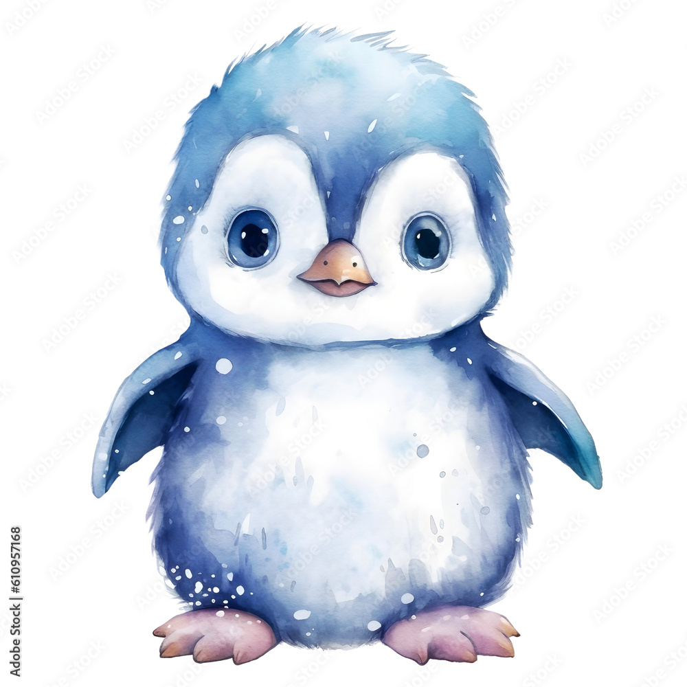Cute baby penguin watercolor clipart, isolated, transparent background