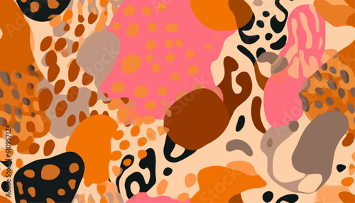 Hand drawn abstract pattern with leopard skin and various organic shapes. Collage contemporary print. Fashionable template for design